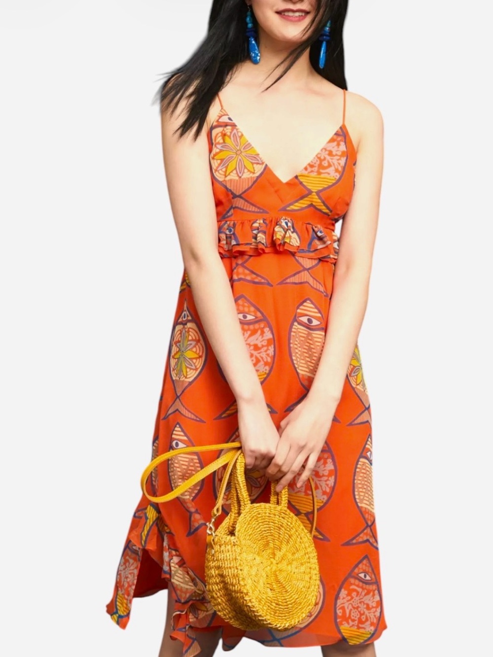Anthropologie Anupamaa Summer School Silk Fish Print Midi Dress SZ Large Ruffle